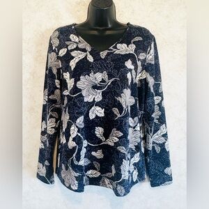 Chico's Size 1US 8 Women's Pull Over Sweater Navy Gray White Metallic Shimmer